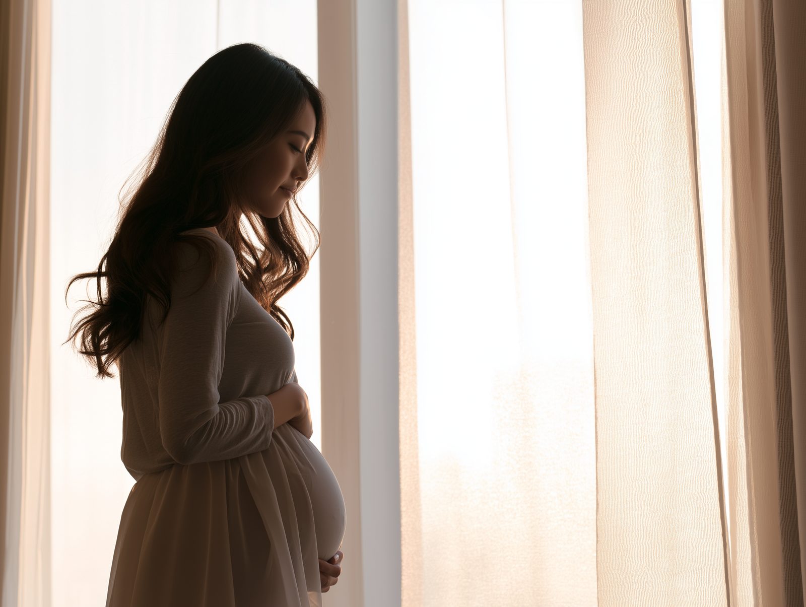 窓辺でお腹に手を添える妊婦さん