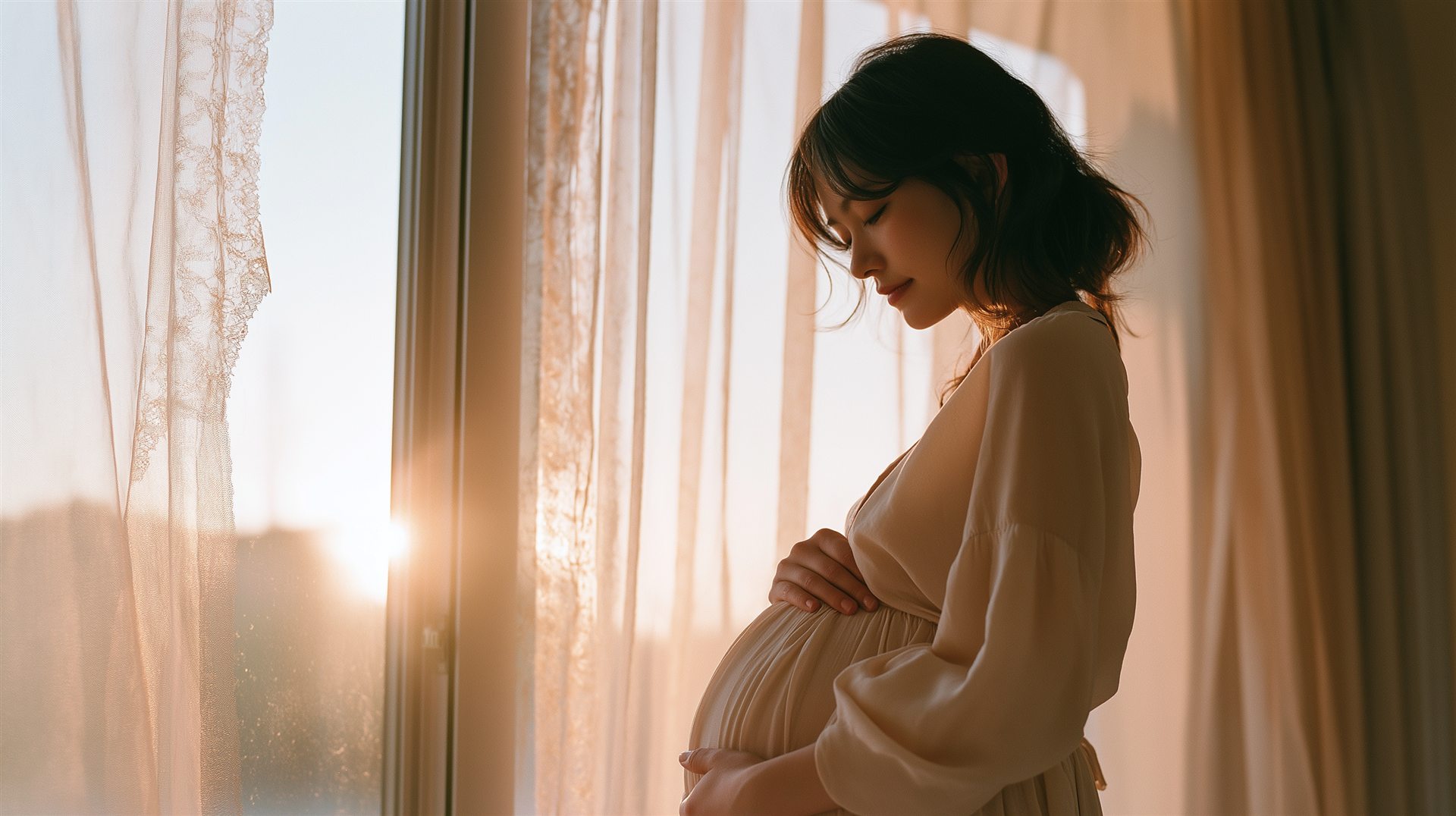 窓辺でお腹に手を当てる妊婦さん