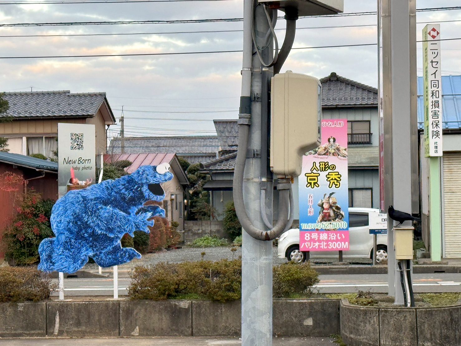 病院の前の道に立つクッキーモンスター